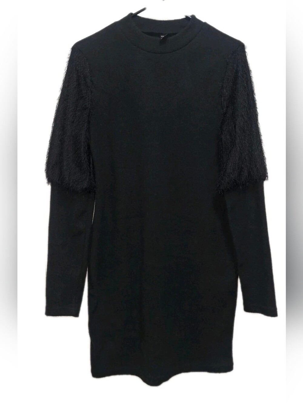 SHEIN Black Sweater Dress Medium Fuzzy Fringe Sleeve Mock Neck Knit